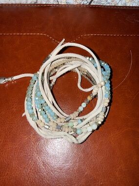 Multi-Strand Aqua and Cream Beaded Wrap Bracelet - Women Jewelry